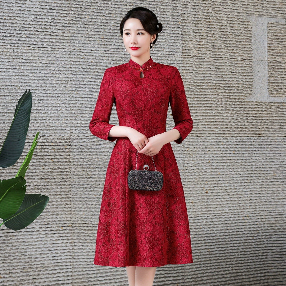 Кружевной чонсам женский весенний и осенний новый китайский стиль улучшен
