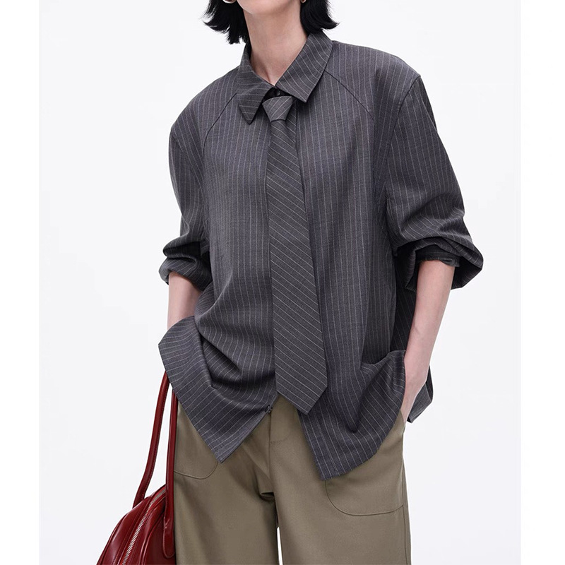 Spot Manufacturer Wholesale Sheep Wool Blended Gray Stripesd Shirt for Women New Tie Shirt for Women Spot Manufacturer Wholesale Sheep Wool Blended Gray Stripesd Shirt for Women New Tie Shirt for Women