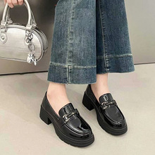 跨境真皮乐福鞋女2025秋季新款浅口套脚中跟工作皮鞋小个子女单鞋