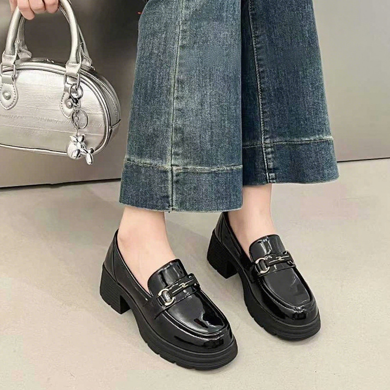 跨境真皮乐福鞋女2025秋季新款浅口套脚中跟工作皮鞋小个子女单鞋|undefined
