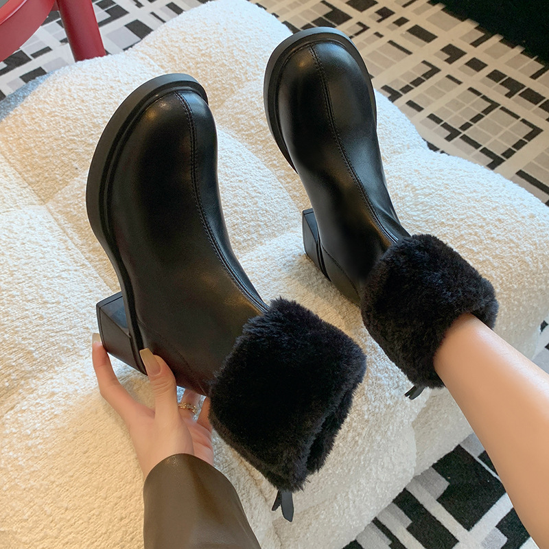 Coarse Heels, Fluffy Short Boots, Women's White 2023 New Winter Velvet Thickening, Western Style Korean Internet Red Slimming Boots_voghion.com