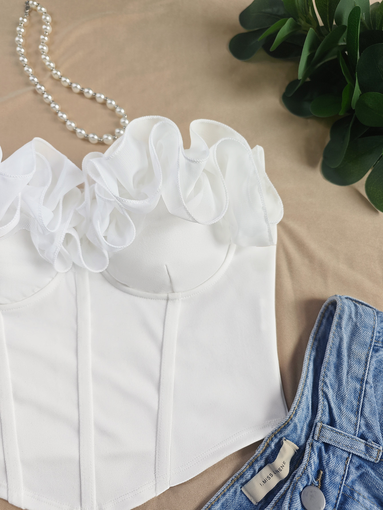 Women's Strapless White Ruffled Tank Top With Petal Trim Details_voghion.com