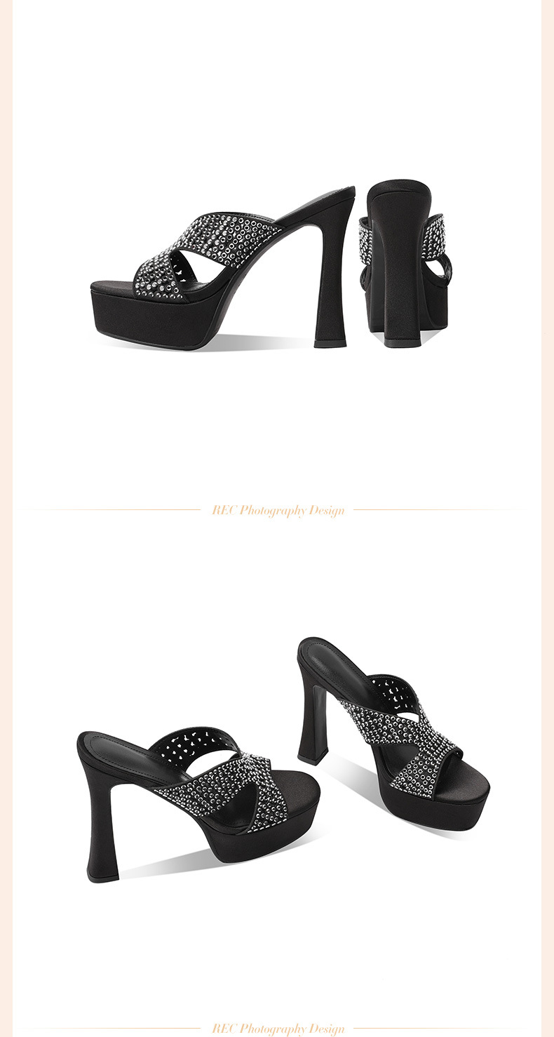 Sandal cao gót nữ hở mũi đế dày đính đá lấp lánh — Màu sâm panh chi tiết 3