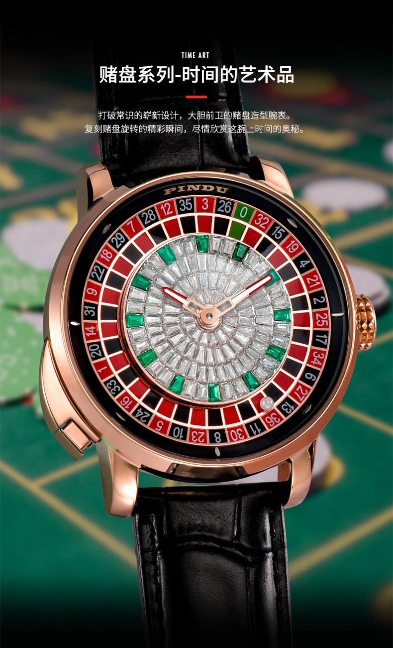 Đồng hồ nam cơ khí tự động mặt số kim cương, lộ máy kiểu roulette — Vỏ hoa hồng, da đen., Da màu xanh vỏ hoa hồng, Vỏ hoa hồng, vỏ xanh., Thắt lưng lưới vỏ hoa hồng chi tiết 3