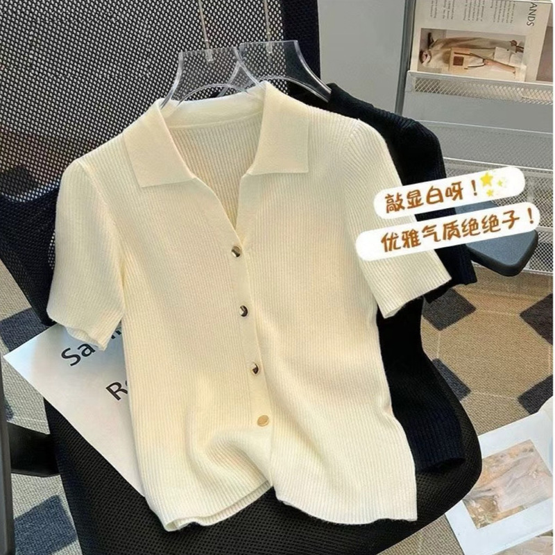 Summer New Thin Versatile Slimming Cardigan Solid Color Regular Shoulder Polo Neck Knitted Short Sleeve T-Shirt Women's Top Summer New Thin Versatile Slimming Cardigan Solid Color Regular Shoulder Polo Neck Knitted Short Sleeve T-Shirt Women's Top