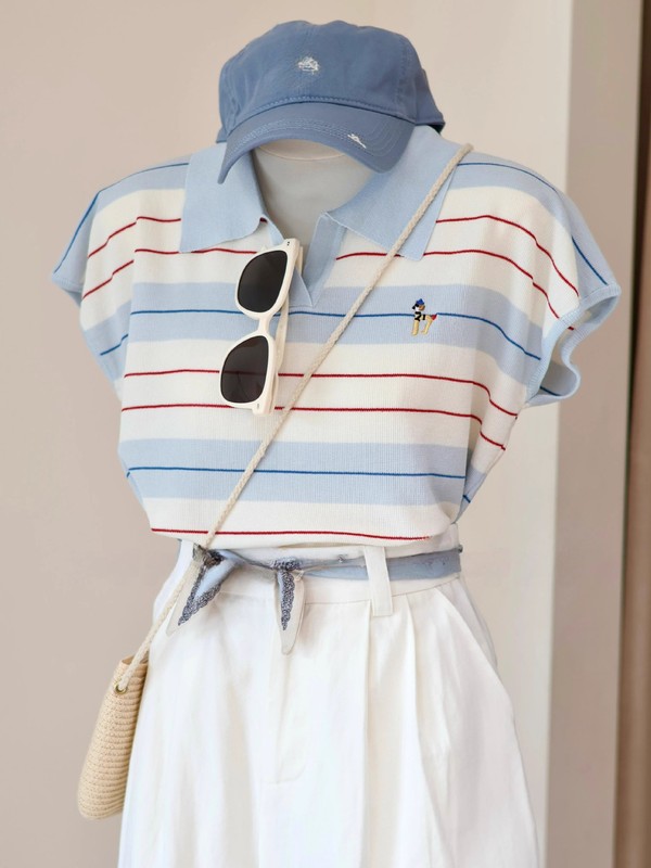コントラストストライプポロラペル小さなフライングスリーブニット半袖Tシャツ女性用2025夏ドーパミンウェア薄手トップ|undefined