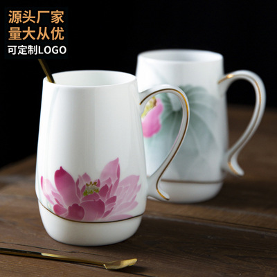 湘醴窑釉下彩描金陶瓷茶杯带勺中式办公杯知否杯家用批发订制LOGO