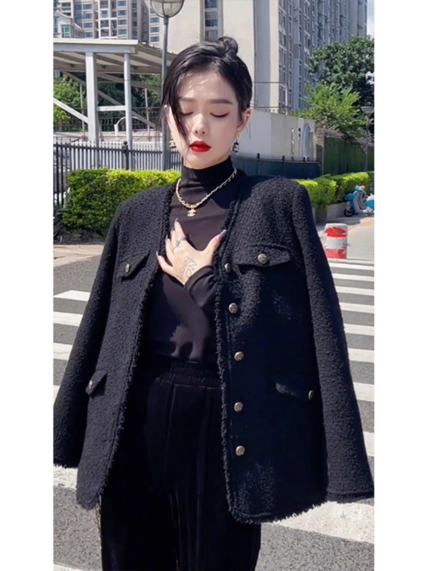 法式小个子洋气高级感名媛黑色粗花呢chic小香风外套女秋冬季韩系|undefined