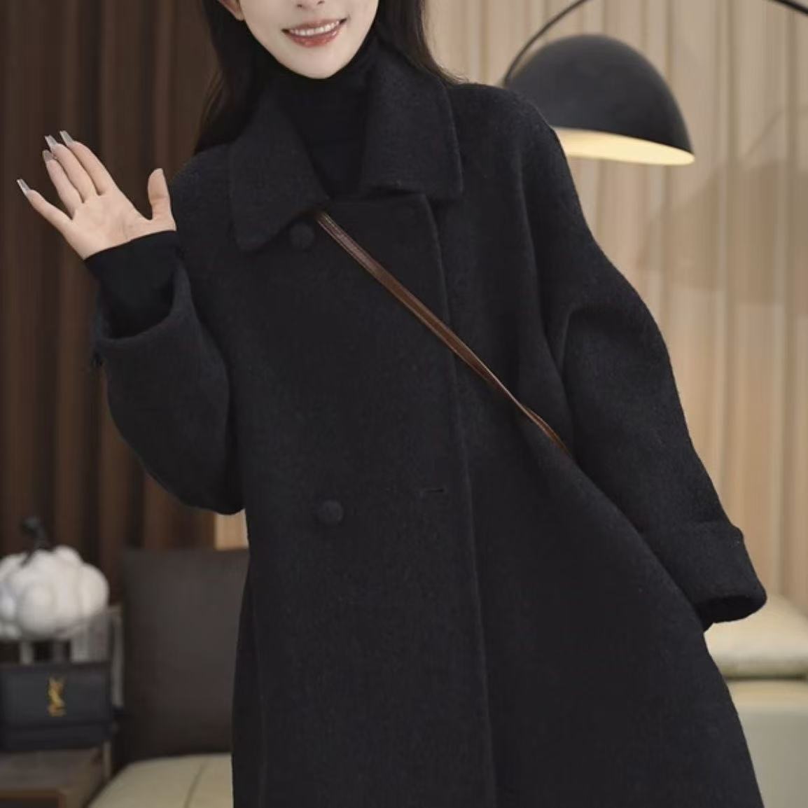 韩版时尚中长款呢子大衣小个子宽松秋冬新款气质女装毛呢气质外套