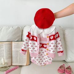 Baby Girl's Spring and Autumn and Winter Set with Red Heart Coat + Two-Piece Baby romper