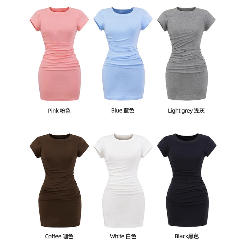 Round Neck Short-Sleeved Knitted Hip Skirt Dress for Women Summer Design Pure Lust Pleated Waist Slim Long and Short Skirt