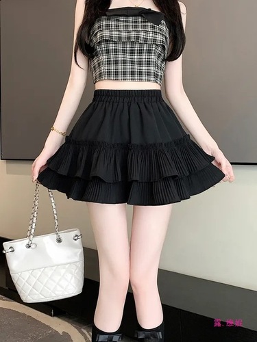 Layered cake pleated half-length skirt for women, summer high-waisted, slimming, prevents exposure, lettered lotus leaf edge, fluffy umbrella skirt