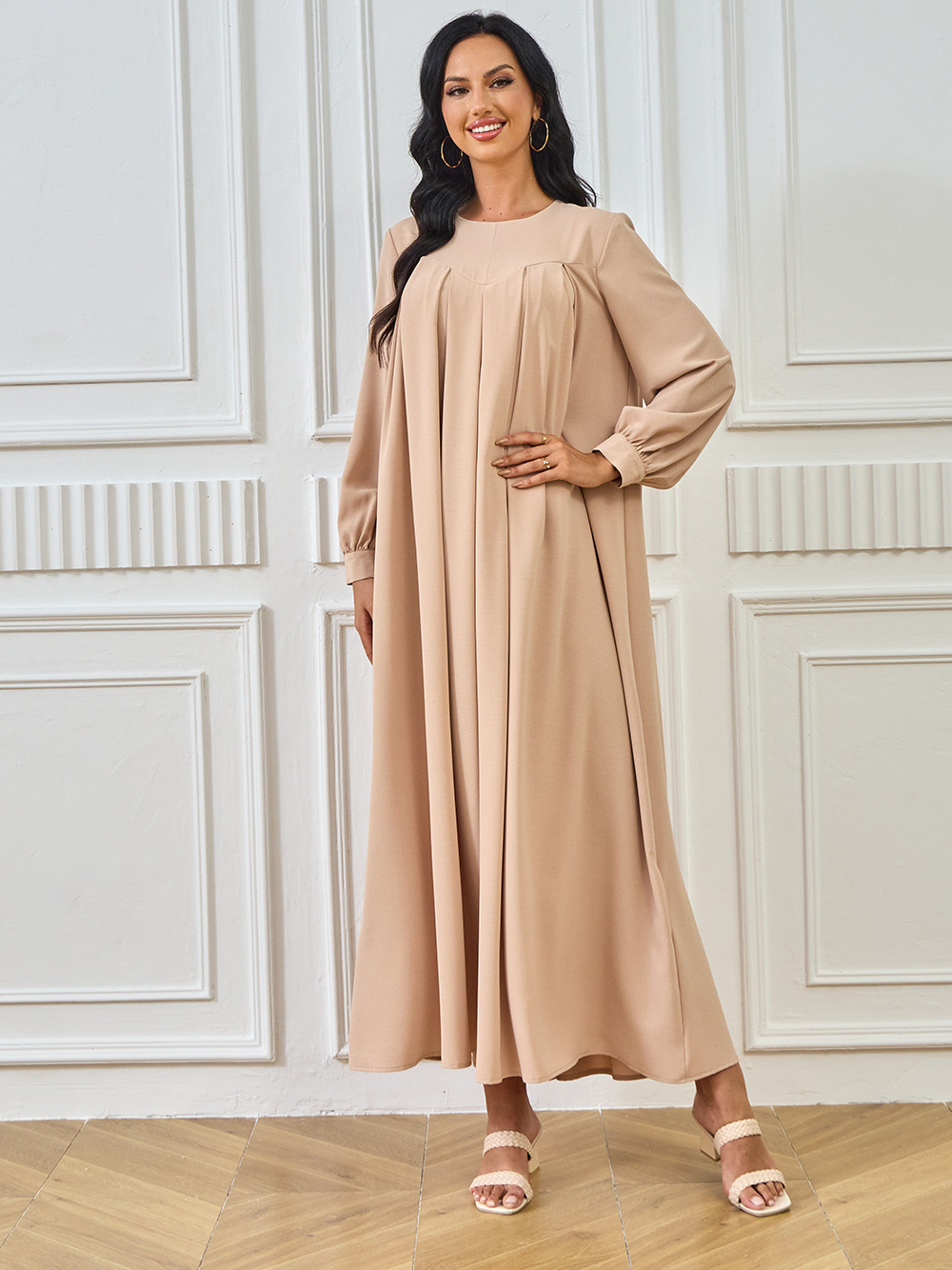 New Abaya Arab Cross-border Middle Eastern Muslim Robe Long-sleeved Solid Color Large Hem Dress Long Skirt Women's_ecoleips.com