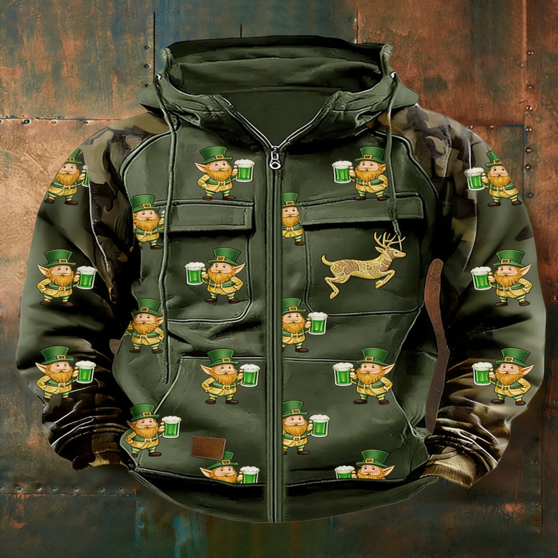St. Patrick's Day Men's Zipper Multi-Pocket Workwear Vintage Color Block Hooded Sweatshirt Sports Hoodie Pre-order St. Patrick's Day Men's Zipper Multi-Pocket Workwear Vintage Color Block Hooded Sweatshirt Sports Hoodie Pre-order