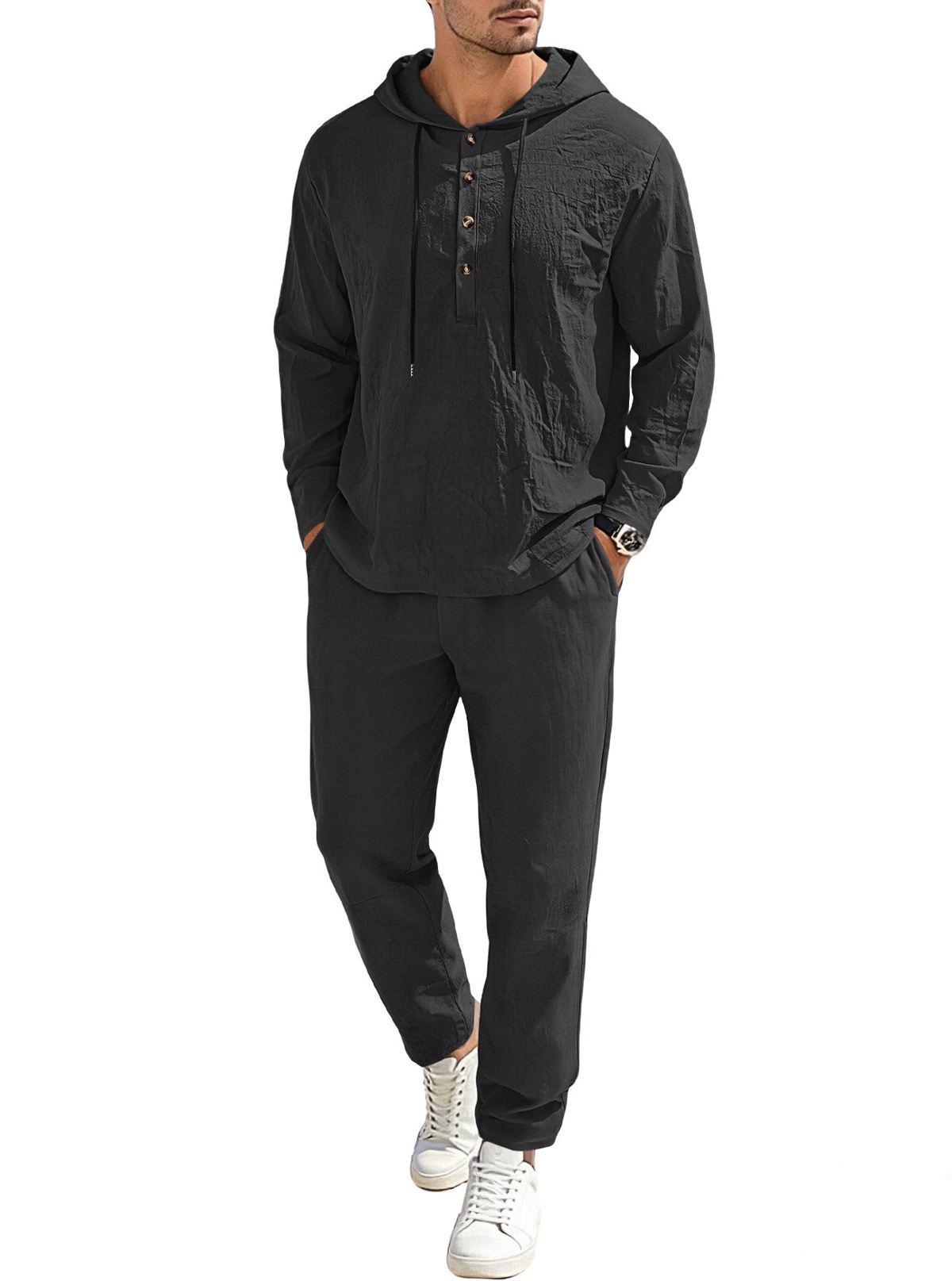 Nuevo transfronterizo europeo y americano TK Amazonas hombre nuevo lino de color sólido con capuzas de tirada manga larga pantalones para hombres