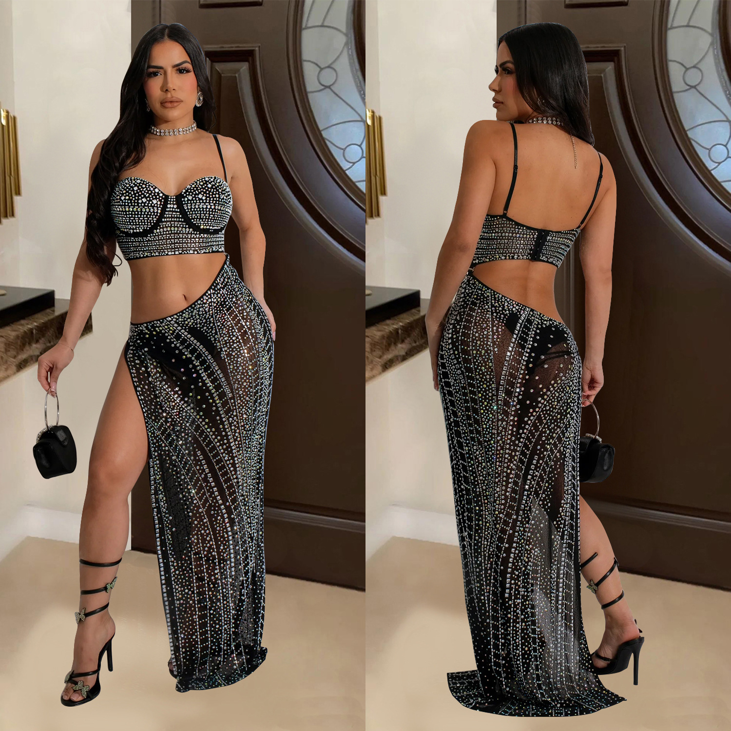 C6949 Cross-border AliExpress Estación independiente de Amazon Moda europea y americana Moda femenina Vestido transparente de diamantes calientes Largo image 4