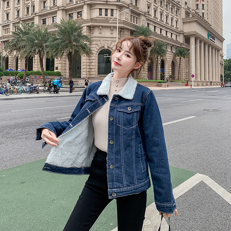 2021 Autumn And Winter New Loose Large Denim Jacket Women's Plush Thickened Lamb Wool Cotton Jacket Student Trend