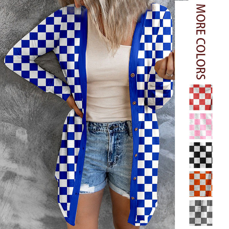 2026 Amazon Autumn and Winter New European and American Cross-Border Women's Clothing Temu Long Plaid Coat Loose Knitted Cardigan