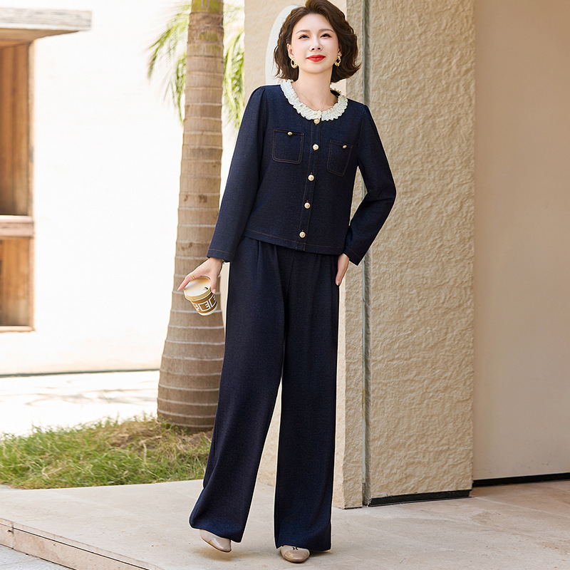Tweed Style Mom's Autumn Denim Suit, Middle-Aged and Elderly Women's Spring and Autum Outwears, Elegant Tops, Wide-Leg Pants Two-Piece Set