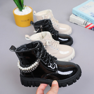 Girls' Boots 2025 New Spring & Fall Kidsren's Single Boots Pearl Chain Princess Leather Boots Soft Sole Black Short Boots Trbottomy