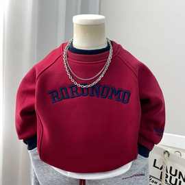 男童加绒卫衣秋冬款2025新款儿童一体绒打底衫上衣冬季潮男孩红色