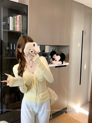 2025秋季新款纯欲V领设计感蕾丝拼接系带木耳边针织长袖t恤上衣女