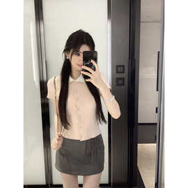 法式甜美温柔风粉色娃娃领针织短袖女夏新款修身显瘦气质上衣