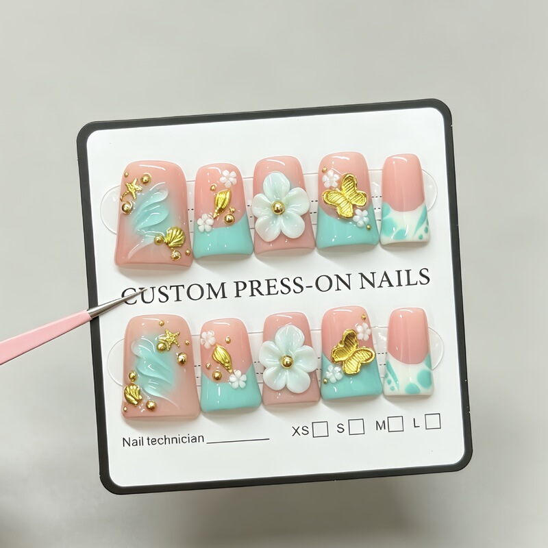 Blue Floral Foreign Trade European and American Cross-Border Hot-Selling Sweet-Cool Style Duckbill Nails High-End 3D Carved Pure Handmade Nail Stickers