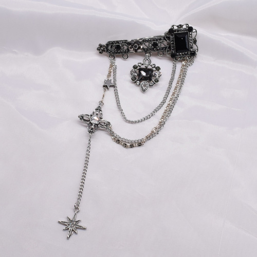 Ins style retro fashion dark style cool black gemstone flash diamond star tassel chain brooch suit accessories trendy