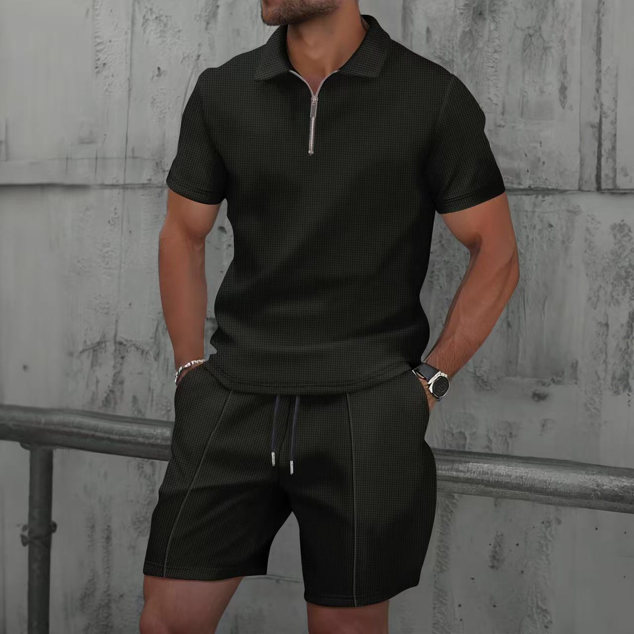 Camisas de polo, camisetas de manga corta, pantalones cortos de hombre, mitad de cremallera, con la solapa de waffle, un conjunto completo de fábrica transfronteriza de verano al por mayor