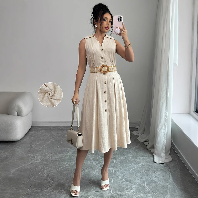 European and American Casual Breathable Linen Texture V Neck Sleeveless Buttoned Belt Waist A-Hem Shirt Dress for Women Summer Work Clothing