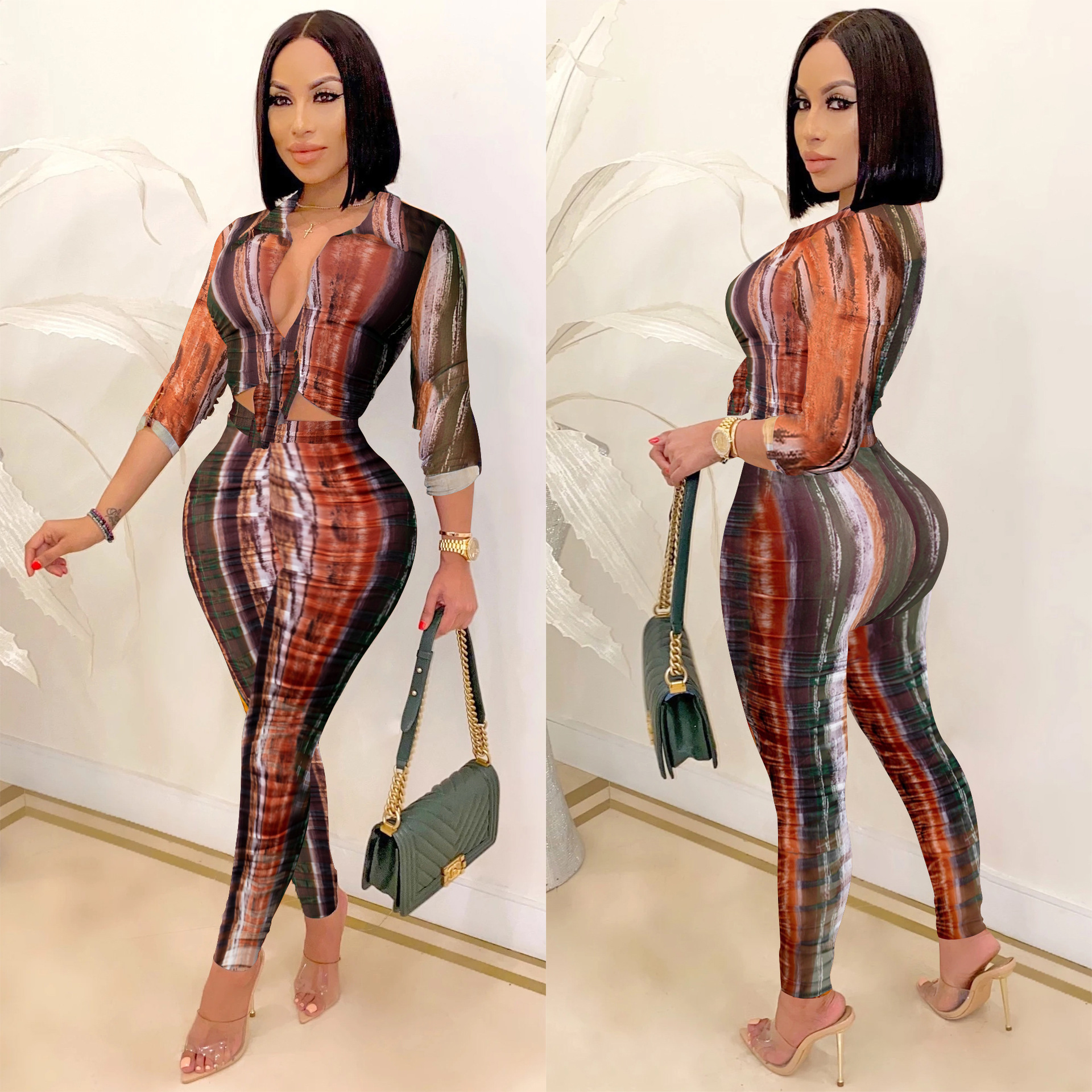 digital printing V-neck long-sleeved shirt trousers set nihaostyles clothing wholesale NSXYZ81564