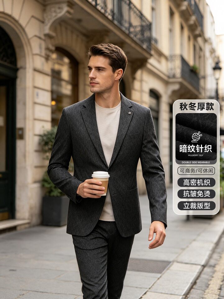 Áo vest nam dày dặn dài tay dáng ôm, dệt kim họa tiết chìm, chống nhăn, cổ vest một hàng hai cúc — Đen xám