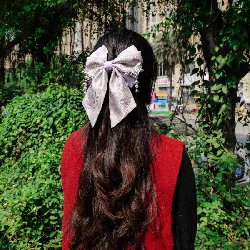 Guangxi Intangible Cultural Heritage Zhuang Brocade Bow Hairpin Ancient Style Embroidered Fabric Hair Accessory for Girls, Ponytail Hair Ornament Wholesale