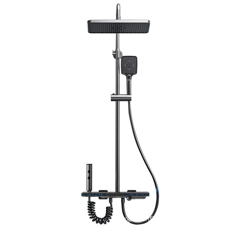 Juego de ducha de ducha de cobre, fábrica al por mayor, pistola doméstica de temperatura constante, botón gris, pantalla digital, luz ambiental, vino de flores sobrealimentado