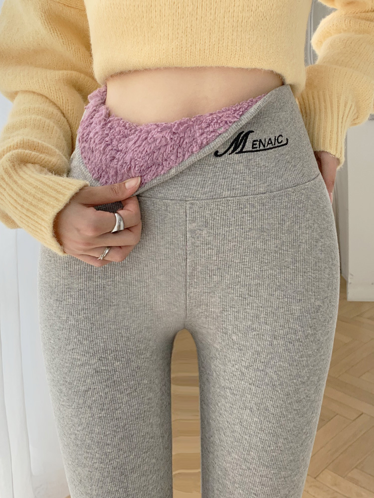 Pantalones de yoga cálidos de otoño e invierno, leggings de algodón acanalado con rayas verticales grises, pantalones de terciopelo nube de cintura alta para mujer, novedad transfronteriza. image 10