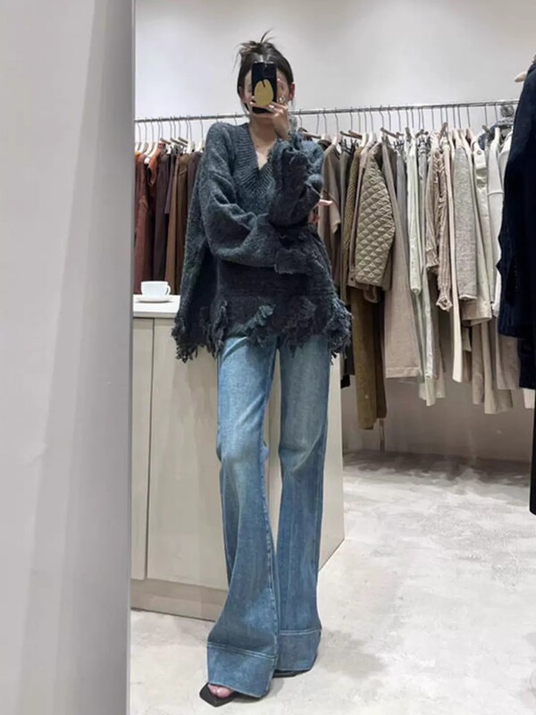 175 Tall Ladded Retro Blue Micro Horn Jeans Women's Autumn High Waist Slimming Leg Long Mop Pants
