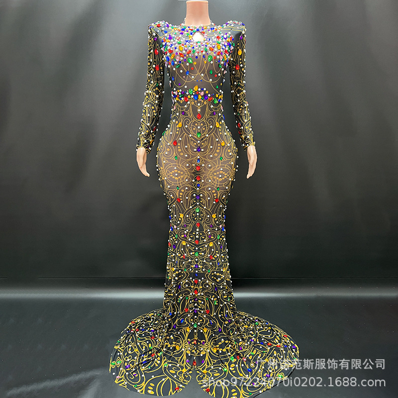 European and American Retro Style Shining Colored Diamond Cocktail Party Elegant Evening Dress Celebrity Birthday Photo Studio Dress