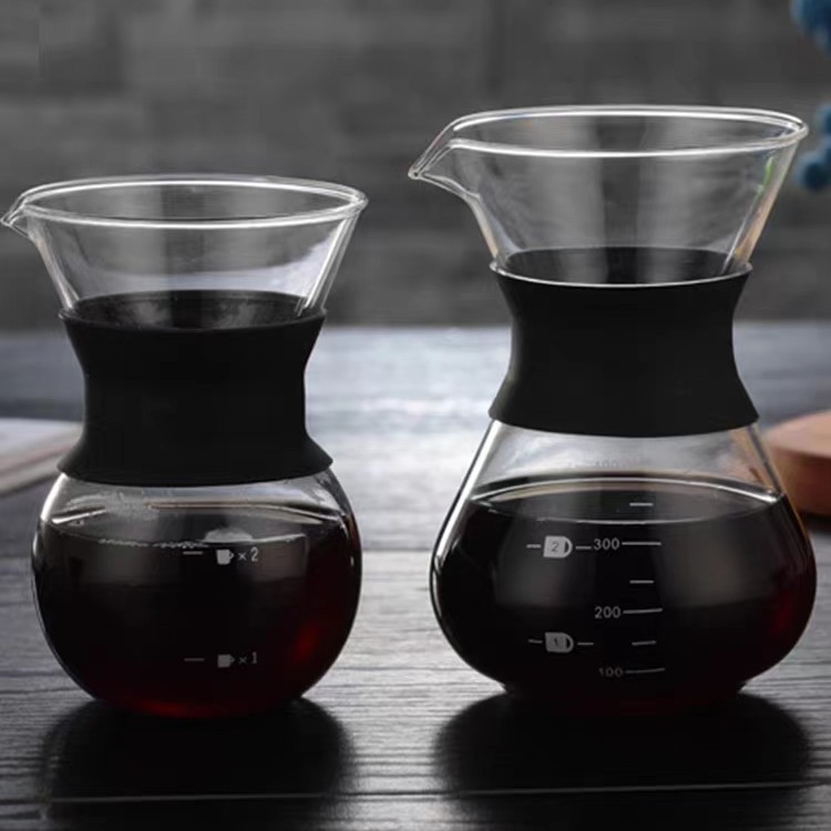 Olla de café de mano de vidrio de borosilicato con filtro de manga de silicona olla de intercambio de múltiples especificaciones olla de café de vientre redondo de gran capacidad