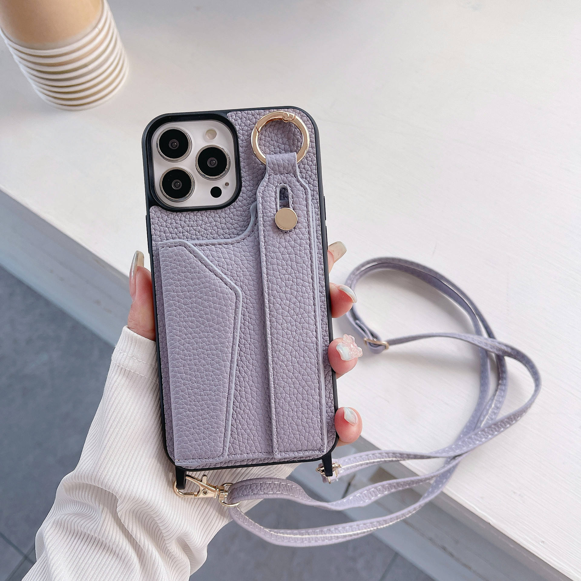 TechGlobe Suitable For IPhone 17 Pro Max Wrist Phone 12/13 Crossbody Shoulder Strap Card Slot Protective Leather Case_voghion.com