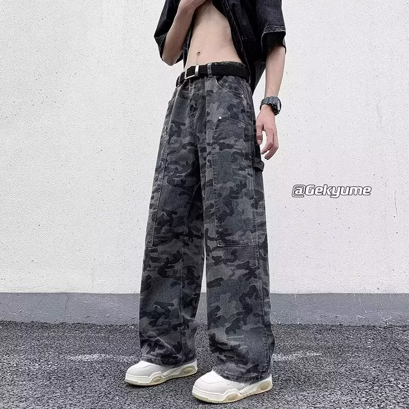 Мужские camouflage длинные брюки для отдыха, плюс сайз, оверсайз, свободный прямой крой