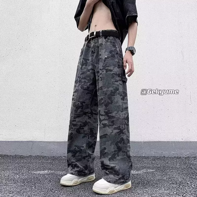 Мужские camouflage длинные брюки для отдыха, плюс сайз, оверсайз, свободный прямой крой