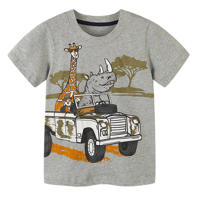 26 camisetas infantiles de estilo europeo y americano, camisetas con estampado de dibujos animados para niños pequeños, camisetas de verano de algodón de punto con cuello redondo para niños, venta al por mayor.