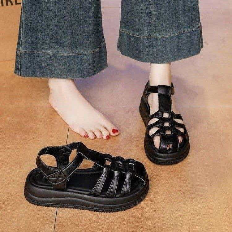Baotou sandalias romanas para mujeres 2026 nuevo verano hueco sandalias de playa de fondo grueso moda versátil tejido zapatos de jaula de cerdo