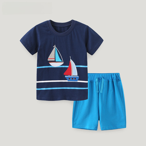 European and American Fashion Children's Clothing Set Summer Knitted Cotton Embroidered Boys Two-Piece Shorts Set Dropshipping