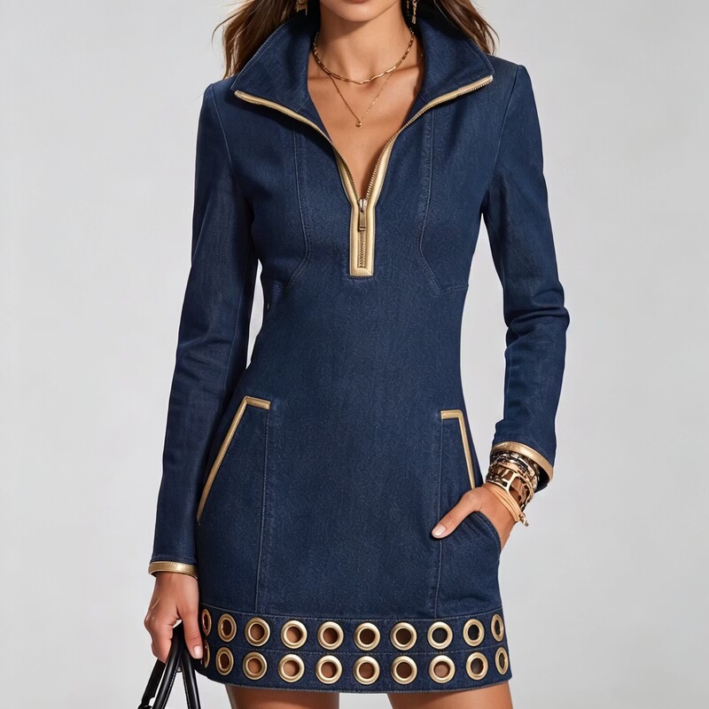 European and American Cross-Border New Women's Clothing Amazon Wish Best-Selling Denim Long-Sleeved Dress European and American Cross-Border New Women's Clothing Amazon Wish Best-Selling Denim Long-Sleeved Dress