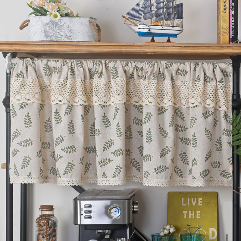 Le Xuan Show Cotton and Linen Printing Olive Leaf Short Curtain American Pastoral Kitchen Cabinet Shelter Curtain Punch-Free Coffee Curtain