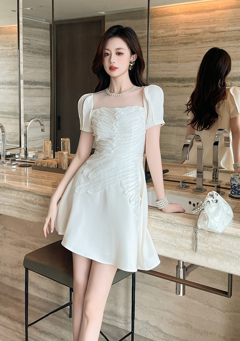 Váy trắng thiết kế kiểu Pháp eo nhỏ phồng xòe dáng midi — Màu trắng chi tiết 7