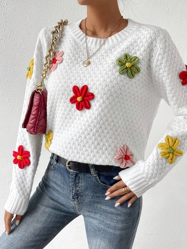 Casual Long Sleeve Drop Shoulder Floral Design Crew Neck跨境|undefined