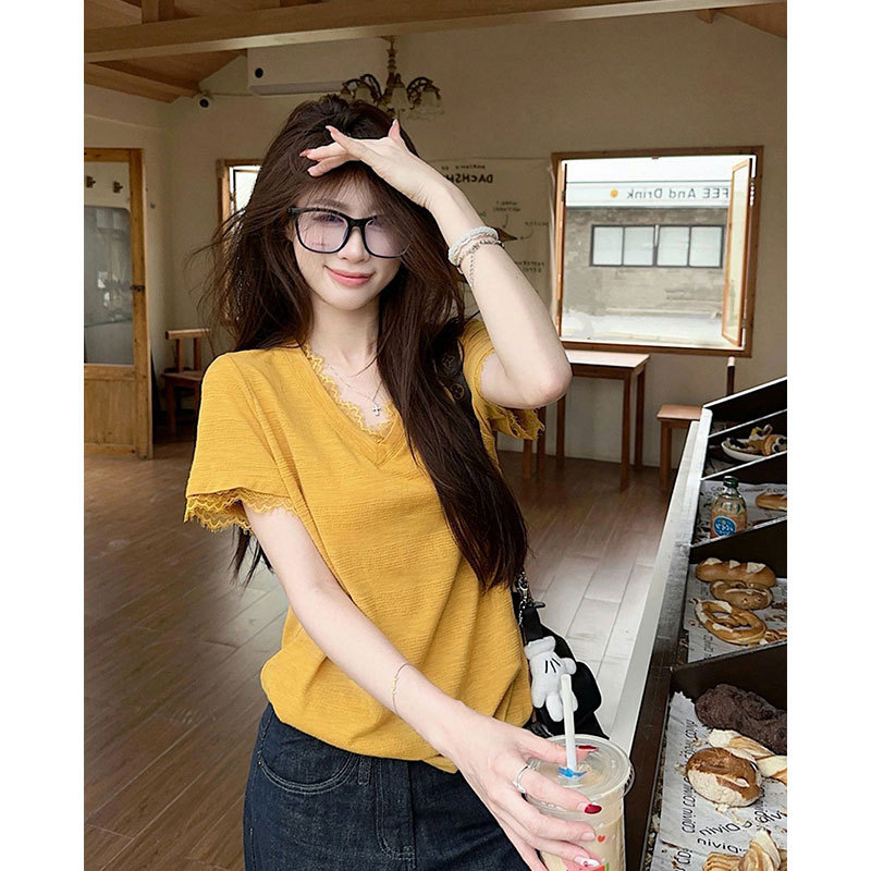 Morning Collar [Original Quality] Lace Spliced Short Sleeve T-Shirt for Women, Summer Design with Striped Texture, Loose Fit